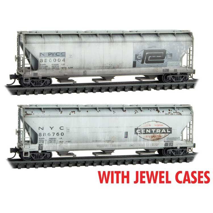 Micro-Trains N ACF 3-Bay Center Flow Covered Hopper w/Long Hatches 2 Pack - Ready to Run Foam -- New York Central #886760, PC #886004 (Weathered, gray, black)