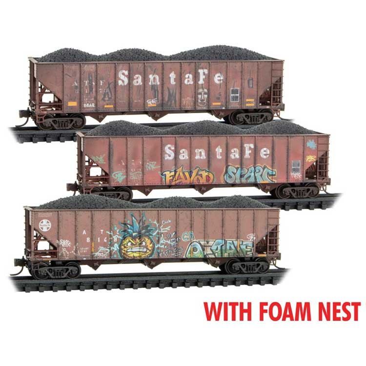 100-Ton 3-Bay Ribside Open Hopper w/Coal Load 3 Pack - Ready to Run Foam Nest -- Santa Fe #81775, 81489, 80914 (Weathered, Boxcar Red, Graffiti)
