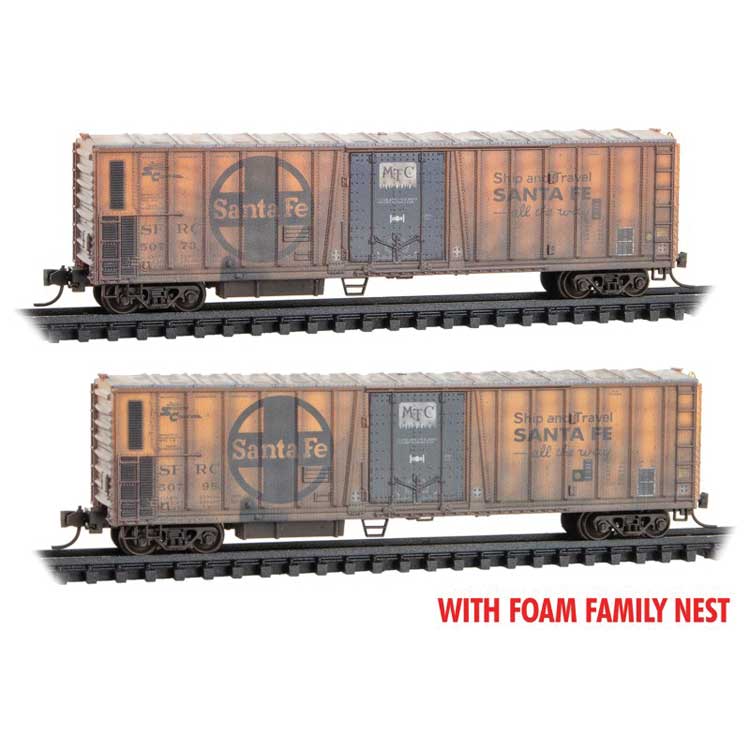 Micro-Trains N 51' 3-3/4" Riveted-Side Mechanical Reefer 2-Pack - Ready to Run - Foam -- Santa Fe #50798, 50773 (Weathered, orange, blue, black, Large Logo)
