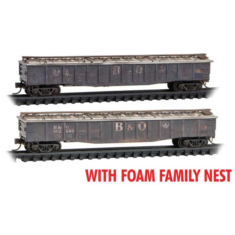 Micro-Trains N 50' 14-Panel Fixed-End Covered Gondola 2-Pack - Ready to Run - Foam Nest -- Baltimore & Ohio #362149, 362023 (Weathered, black, silver)