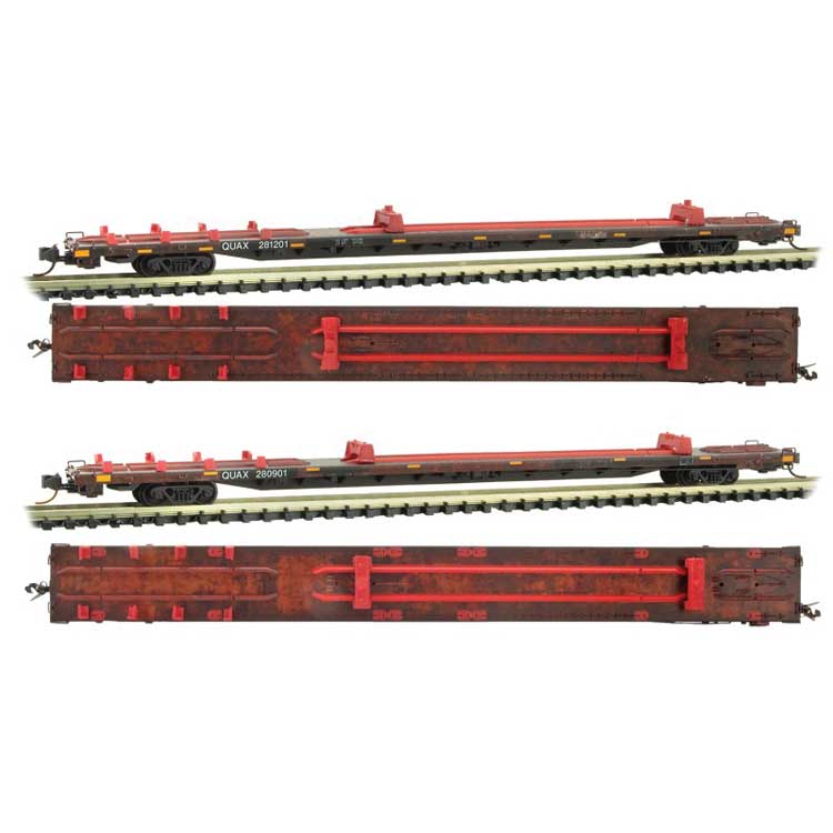 Micro-Trains 89'4" TOFC Intermodal Flatcar 2-Pack with Bolster Rack - Ready to Run -- Redstreak Specialized Railcar Services QUAX 281201, 280901 (weathered) - 489-99305510