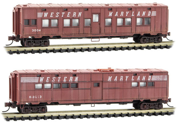 Micro-Trains 50' 6" Converted Troop Sleeper and Kitchen Car Set - Ready to Run -- Western Maryland 3004, K-3013 (Weathered, MOW Boxcar Red, Speed Lettering) - 489-99305570