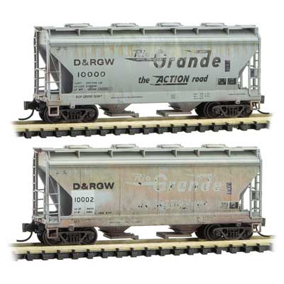Micro-Trains ACF 39' 2-Bay Center-Flow Covered Hopper - Round Hatches 2-Pack - Ready to Run -- Denver & Rio Grande Western 10000, 10002 (Weathered, gray) - 489-99305590