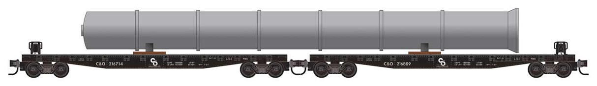 Micro-Trains 50' Fishbelly-Side Flatcar 2-Pack with Cracking Tower Load - Ready to Run -- Chesapeake & Ohio 216714, 216809 (Weathered, black, Progress Logo) - 489-99305650