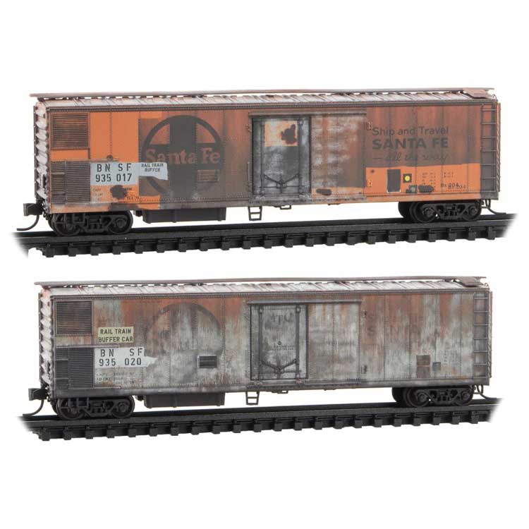 Micro-Trains 51' 3-3/4" Riveted-Side Mechanical Reefer 2-Pack - Ready to Run -- BNSF 935017, 935020 (Ex-ATSF, Weathered, faded silver, orange, Buffer Car Re - 489-99305800