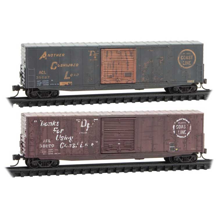 Micro-Trains 50' Boxcar with 10' Door, No Roofwalk, Short Ladders 2-Pack - Ready to Run -- Atlantic Coast Line 35687, 38690 (Weathered, 1 Each blue, Boxcar Red) - 489-99305810