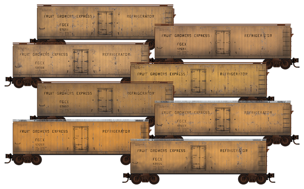 Micro-Trains 489-99305824 40' Double-Sheathed Wood Reefer 8-Pack - Ready to Run -- Fruit Growers Express (Weathered, yellow, silver) - 489-99305824