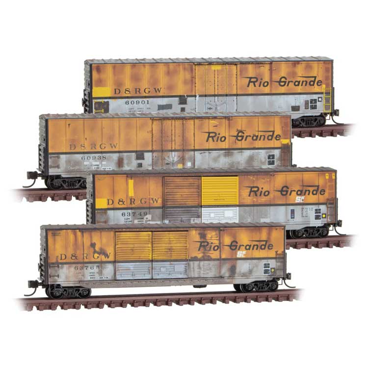 Micro-Trains 50' Boxcar Set (2 Plug Door and 2 Double Door) - Ready to Run -- Denver & Rio Grande Western 60901, 60938, 63749, 63765 (Weathered, Aspen Gol - 489-99305850