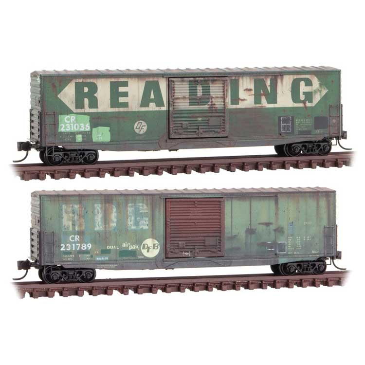 Micro-Trains 50' Boxcar with 10' Door, No Roofwalk, Short Ladders 2-Pack - Ready to Run -- Conrail 231035, 231789 (Weathered, 2 Ex-RDG Schemes, green, yellow) - 489-99305860