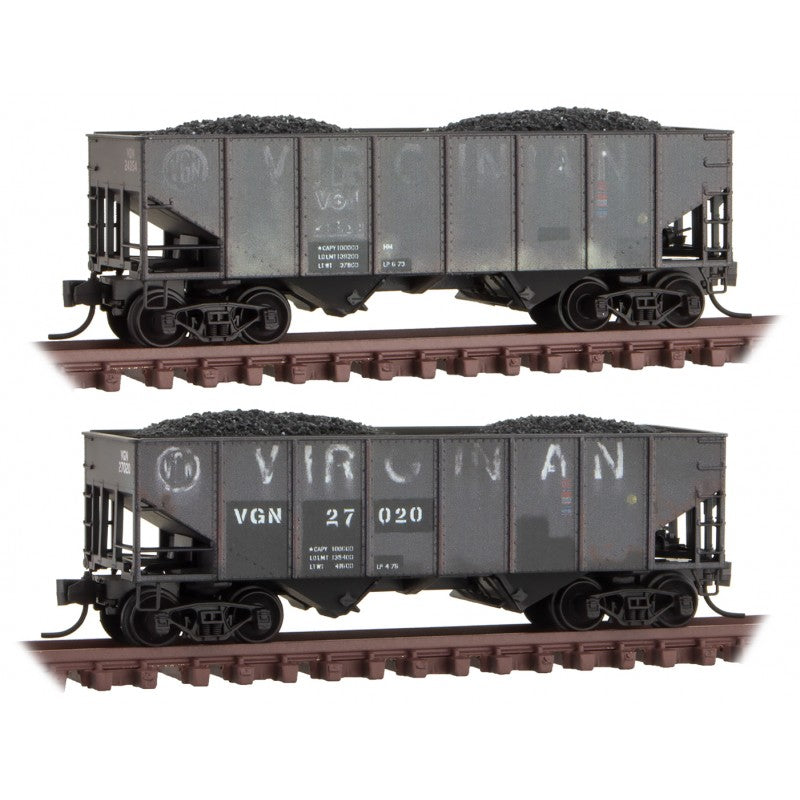 Micro-Trains 33' 2-Bay Rib-Side Hopper w/Coal Load 2-Pack - Ready to Run -- Virginian 27020, 24154 (Weathered, black) - 489-99305940