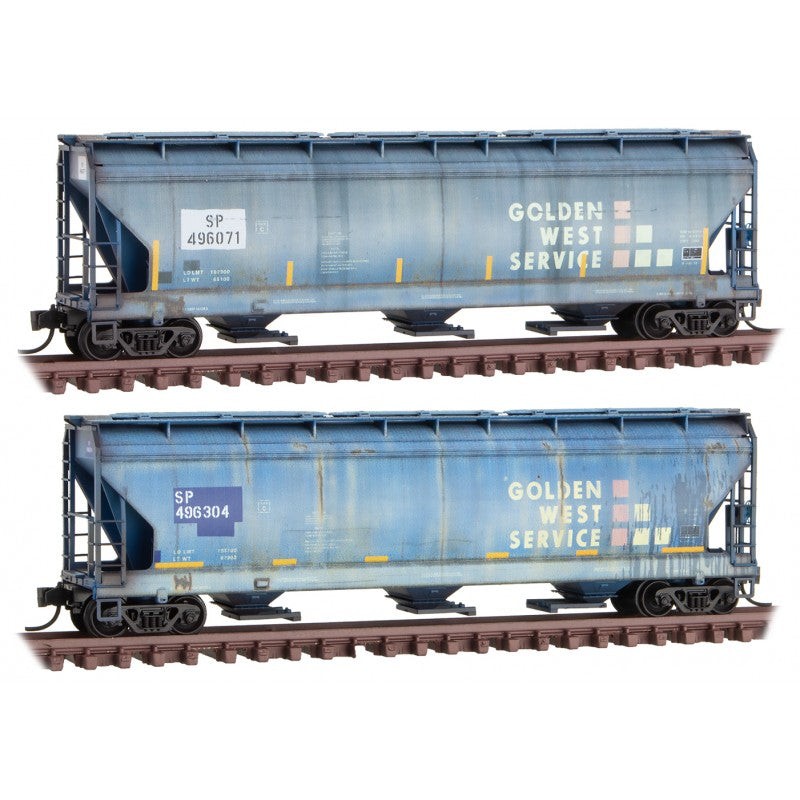 Micro-Trains ACF 3-Bay Center Flow Covered Hopper w/Elongated Hatches 2-Pack - Ready to Run -- Golden West Service SP 496071, 496304 (Weathered, blue, red, yellow) - 489-99305970