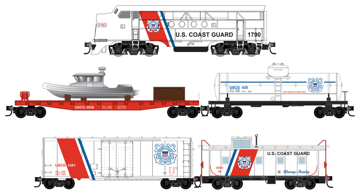 Micro-Trains Coast Guard Train Set -- EMD FT-A, 4 Cars (white, red, blue) - 489-99321360