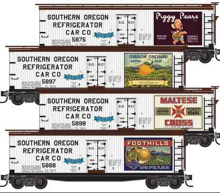 Micro-Trains 40' Double-Sheathed Wood Reefer w/Vertical Brake Wheel - Ready to Run -- Medford, Talent & Lakecreek/S. Oregon #5875, 5888, 5897, 5898 (white) - 489-99321384