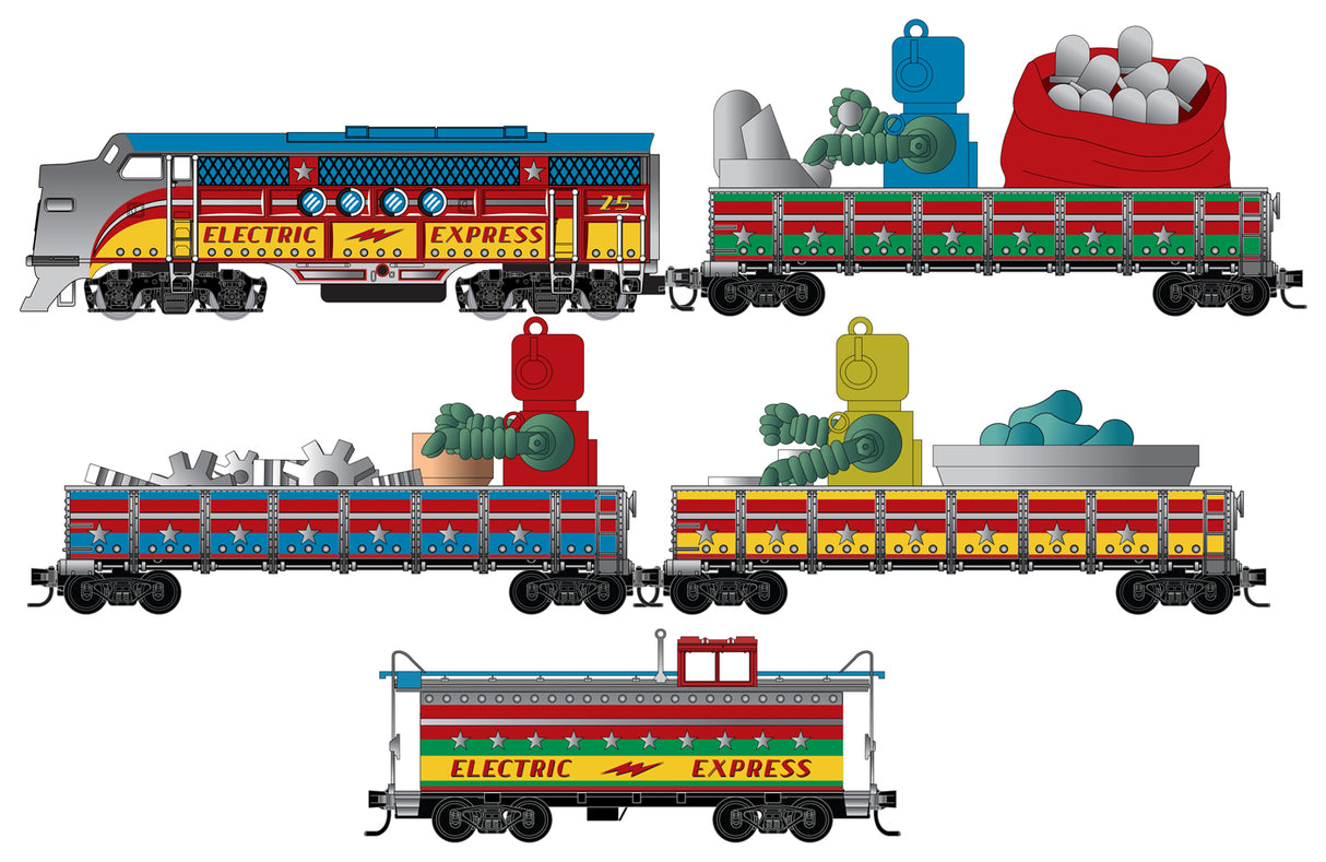 Robot Christmas Train-Only Set - Foam Nest -- EMD FT, 4 Cars, Mixed-Media Load Kits