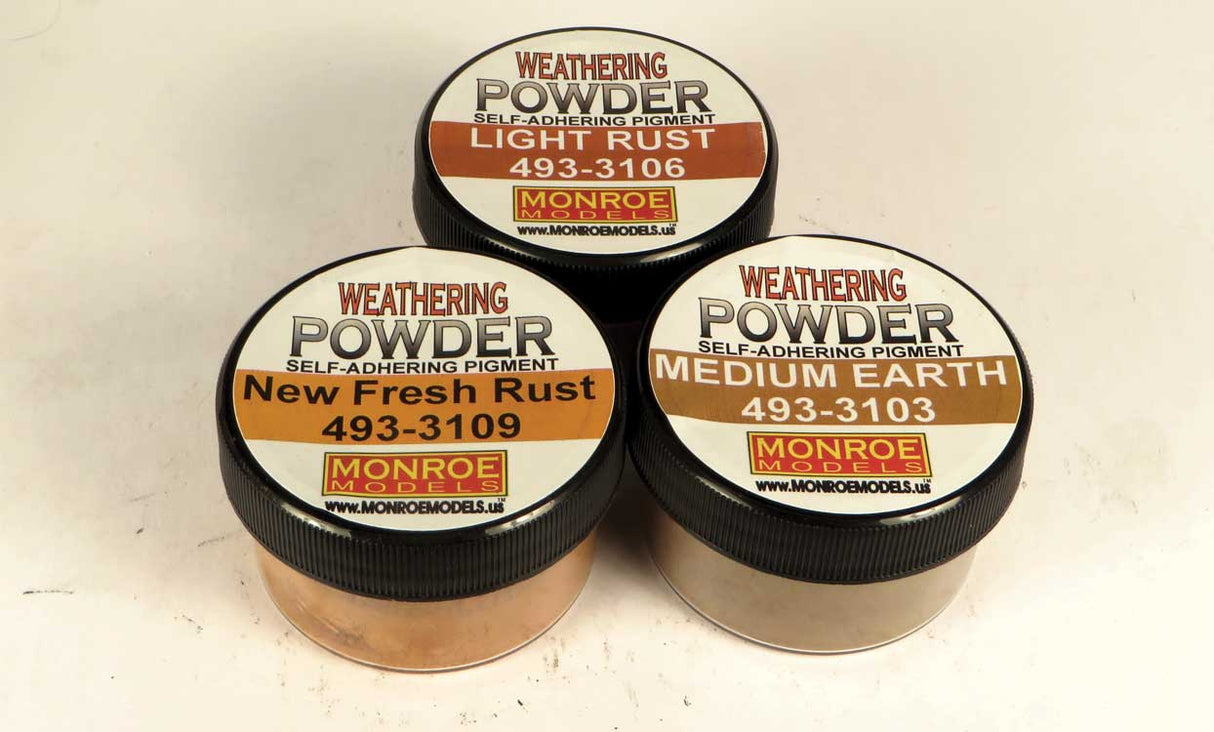 Monroe Models Rust & Dust Weathering Powder Set -- 1 Each: Light Rust, New Fresh Rust, Medium Earth - 493-2911