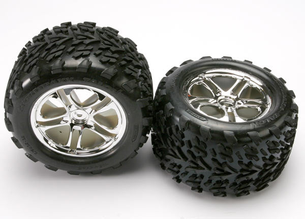 Traxxas 5174 Tires & Wheels , assembled , glued (SS (Split Spoke) chrome Wheels , Talon Tires , foam Inserts) (2) (fits Revo / T-Maxx / E-Maxx with 6mm Axle and 14mm Hex) - TRA5174