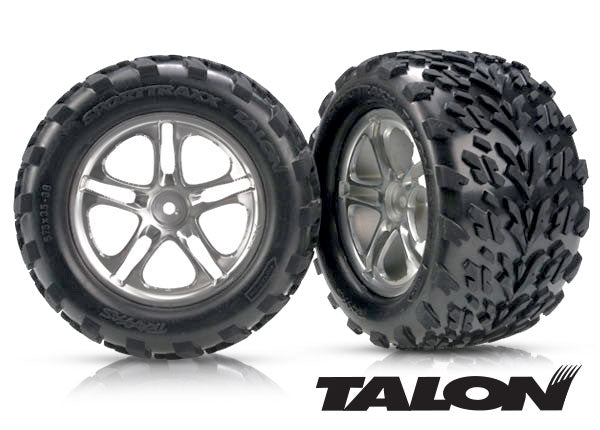Traxxas 5174A Tires & Wheels , assembled , glued (Split-Spoke satin-finish Wheels , Talon Tires , foam Inserts) (2) (fits Revo / T-Maxx / E-Maxx with 6mm Axle and 14mm Hex) - TRA5174A