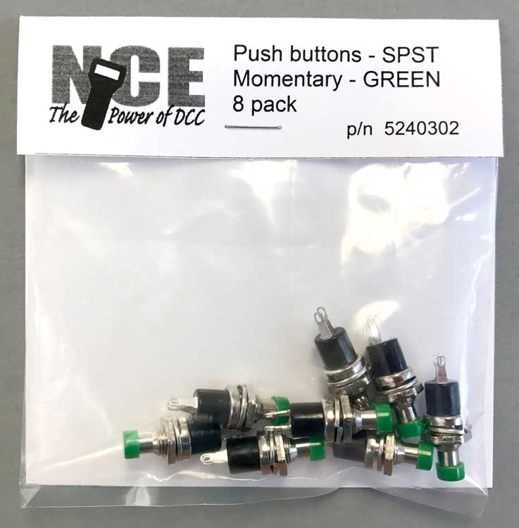NCE BTN8 Momentary SPST Normally Open Pushbutton Switch 8-Pack -- Green - NCE 5240302