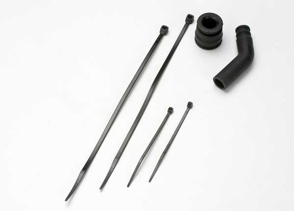 Traxxas 5245X Pipe coupler, molded (black)/ exhaust deflecter (rubber, black)/ cable ties, long (2)/ cable ties, short (2) - TRA5245X
