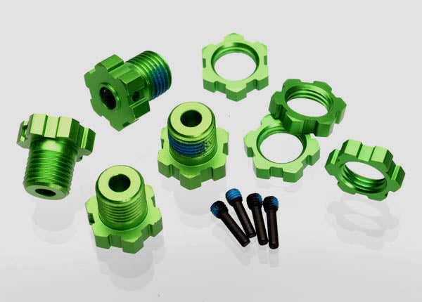 Traxxas 5353G Wheel hubs, splined, 17mm (green-anodized) (4)/ Wheel nuts, splined, 17mm (blue-anodized) (4)/ screw pins, 4x13mm (with threadlock) (4) - TRA5353G