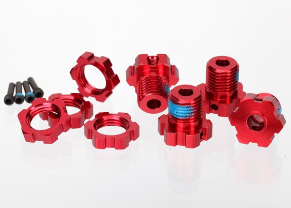 Traxxas 5353R Wheel hubs, splined, 17mm (red-anodized) (4)/ Wheel nuts, splined, 17mm (red-anodized) (4)/ screw pins, 4x13mm (with threadlock) (4) - TRA5353R