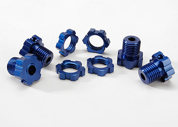 Traxxas 5353X Wheel hubs , splined , 17mm (blue-anodized) (4) / Wheel nuts , splined , 17mm (blue-anodized) (4) / screw pins , 4x13mm (with threadlock) (4) - TRA5353X