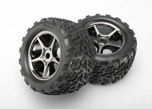 Traxxas 5374X Tires & Wheels, assembled, glued (Gemini black chrome Wheels, Talon Tires, foam Inserts) (2) (use with 17mm splined Wheel hubs & nuts, part #5353X) (TSM Rated) - TRA5374X