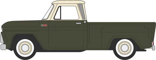 Oxford Diecast HO 1965 Chevrolet Stepside Pickup - Assembled -- Dark Green, Ivory