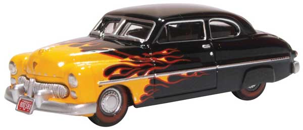 Oxford Diecast 1949 Mercury Eight Coupe - Assembled -- Hot Rod (black, yellow flames) - 553-87ME49009