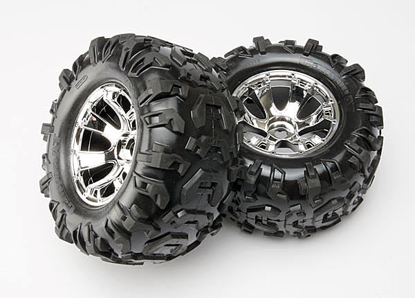 Traxxas 5673 Tires & Wheels , assembled , glued (Geode chrome Wheels , Canyon AT Tires , foam Inserts) (2) (use with 17mm splined Wheel hubs & nuts , part #5353X & beadlock-style sidewall protectors , part #5665 , 5666 , 5667) - TRA5673
