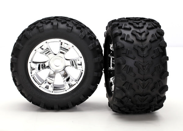 Traxxas 5674 Tires & Wheels, assembled, glued (Geode chrome Wheels, Maxx Tires (6.3' outer diameter), foam Inserts) (2) (use with 17mm splined Wheel hubs & nuts, part #5353X & beadlock-style sidewall protectors, part #5665, 5666, 5667)