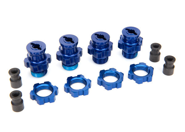 Traxxas 5853X Wheel hubs, splined, 17mm, short (2), long (2)/Wheel nuts, splined, 17mm (4) (blue-anodized)/ hub retainer M4x0.7 (4)/axle pin (4)/wrench, 5mm - TRA5853X