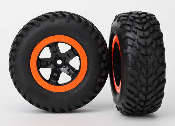 Traxxas 5863R Tires & Wheels , assembled , glued (S1 compound) (SCT , black , orange beadlock Wheels , dual profile (2.2' outer , 3.0' inner) , SCT off-road racing Tires , foam Inserts) (2) (4WD f / r , 2WD Rear) (TSM Rated) - TRA5863R