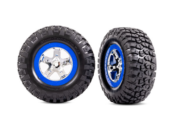 Traxxas 5867A Tires & Wheels, assembled, glued (SCT chrome, - Blue beadlock style Wheels, BFGoodrich Mud-Terrain T/A KM2 Tires, foam Inserts) (2) (4WD Front/Rear, 2WD Rear only)