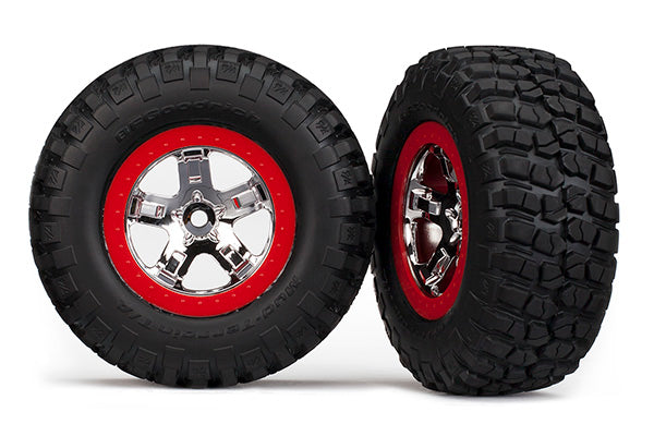 Traxxas 5869 Tires & Wheels, assembled, glued (SCT chrome, - Red beadlock style Wheels, BFGoodrich Mud-Terrain™ T/A KM2 Tires, foam Inserts) (2) (2WD Front) - TRA5869