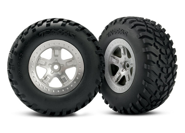 Traxxas 5873 Tires & Wheels, assembled, glued (SCT satin chrome, beadlock style Wheels, SCT off-road racing Tires, foam Inserts) (2) (4WD Front/Rear, 2WD Rear only) (TSM Rated) - TRA5873
