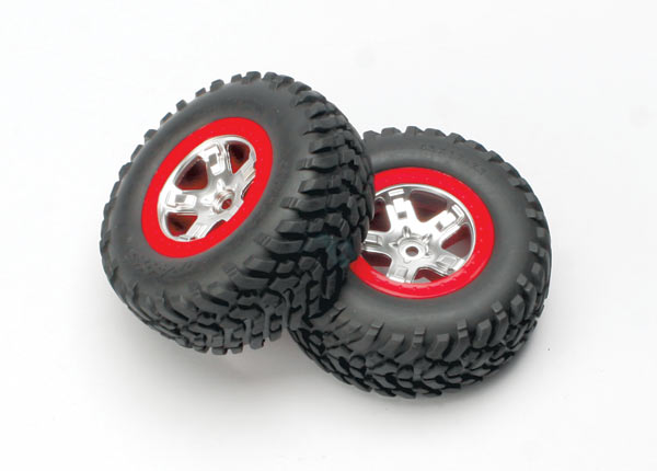 Traxxas 5873A Tires & Wheels, assembled, glued (SCT satin chrome, - Red-beadlock style Wheels, SCT off-road Tires, foam Inserts) (2) (4WD Front/Rear, 2WD Rear only) - TRA5873A