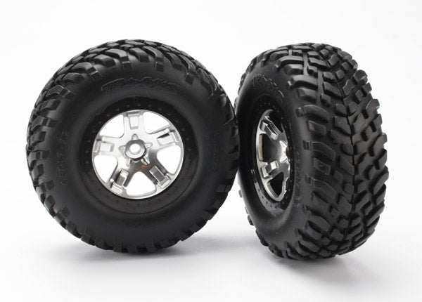 Traxxas 5873X Tires & Wheels, assembled, glued (SCT satin chrome, black beadlock style Wheels, SCT off-road racing Tires, foam Inserts) (2) (4WD Front/Rear, 2WD Rear only) - TRA5873X