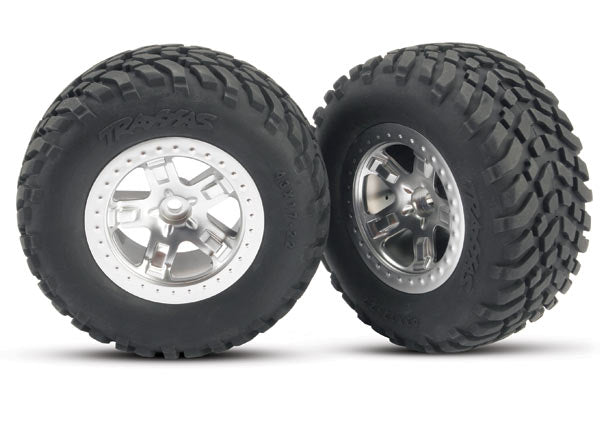 Traxxas 5875 Tires & Wheels, assembled, glued (SCT satin chrome, beadlock style Wheels, SCT off-road racing Tires, foam Inserts) (2) (2WD Front) - TRA5875