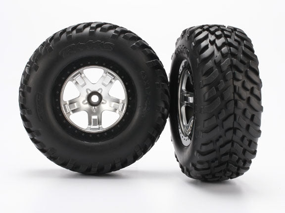 Traxxas 5875X Tires & Wheels, assembled, glued (SCT satin chrome, black beadlock style Wheels, SCT off-road racing Tires, foam Inserts) (2) (2WD Front) - TRA5875X