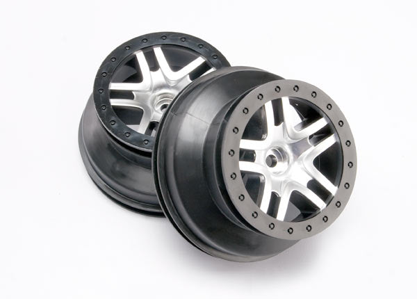 Traxxas 5876 Wheels , SCT Split-Spoke , satin chrome , black beadlock style , dual profile (2.2' outer , 3.0' inner) (2WD Front) (2) - TRA5876
