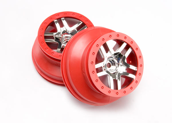Traxxas 5876A Wheels , SCT Split-Spoke , chrome , - Red beadlock style , dual profile (2.2' outer , 3.0' inner) (2WD Front) (2) - TRA5876A