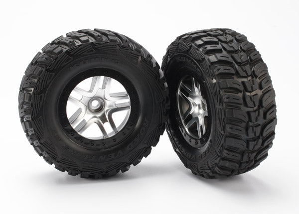 Traxxas 5882 Tires & Wheels, assembled, glued (SCT Split-Spoke satin chrome, black beadlock style Wheels, Kumho Tires, foam Inserts) (2) (2WD Front) - TRA5882