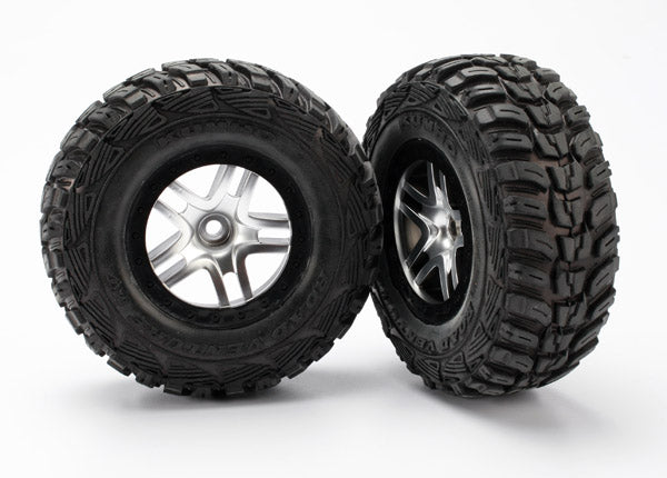 Traxxas 5882R Tires & Wheels, assembled, glued (S1 ultra-soft off-road racing compound) (SCT Split-Spoke satin chrome, black beadlock style Wheels, Kumho Tires, foam Inserts) (2) (2WD Front) - TRA5882R
