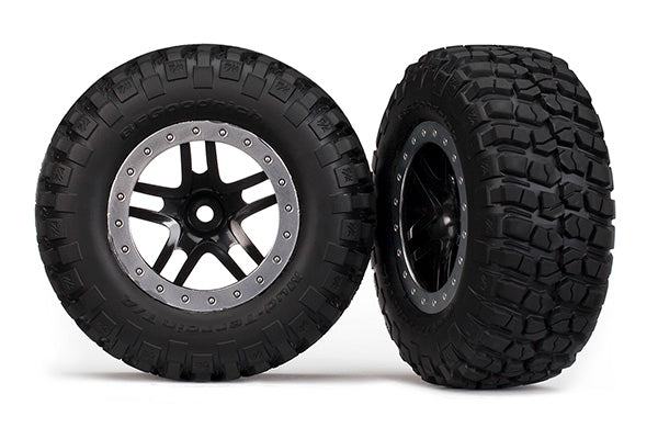 Traxxas 5885 Tires & Wheels , assembled , glued (SCT Split-Spoke , black , satin chrome beadlock Wheels , BFGoodrich Mud-Terrain T / A KM2 Tires , foam Inserts) (2) (2WD Front) - TRA5885