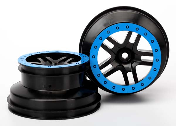 Traxxas 5886A Wheels , SCT Split-Spoke , black , - Blue beadlock style , dual profile (2.2' outer , 3.0' inner) (2WD Front) (2) - TRA5886A