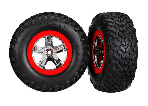 Traxxas 5887R Tires & Wheels, assembled, glued (S1 compound) (SCT chrome Wheels, - Red beadlock style, dual profile (2.2' outer, 3.0' inner), SCT off-road racing Tires, foam Inserts) (2) (4WD f/r, 2WD Rear) (TSM Rated) - TRA5887R