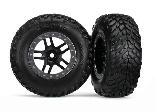 Traxxas 5889R Tires & Wheels, assembled, glued (S1 compound) (SCT Split-Spoke black, satin chrome beadlock style Wheel, dual profile (2.2' outer, 3.0' inner), SCT off-road racing Tires, foam Inserts) (2) (4WD f/r, 2WD Rear) (TSM Rated)