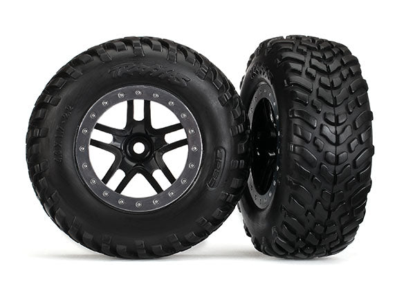 Traxxas 5890 Tires & Wheels, assembled, glued (SCT Split-Spoke black, satin chrome beadlock style Wheels, dual profile (2.2' outer, 3.0' inner), SCT off-road racing Tires, foam Inserts) (2) (2WD Front) - TRA5890