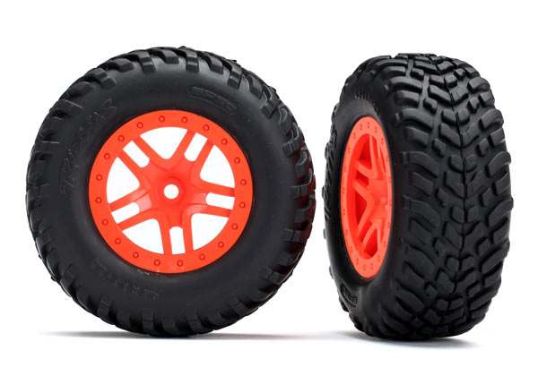 Traxxas 5892 Tires & Wheels, assembled, glued (SCT Split-Spoke orange Wheels, SCT off-road racing Tires, foam Inserts) (2) (4WD f/r, 2WD Rear) (TSM Rated) - TRA5892